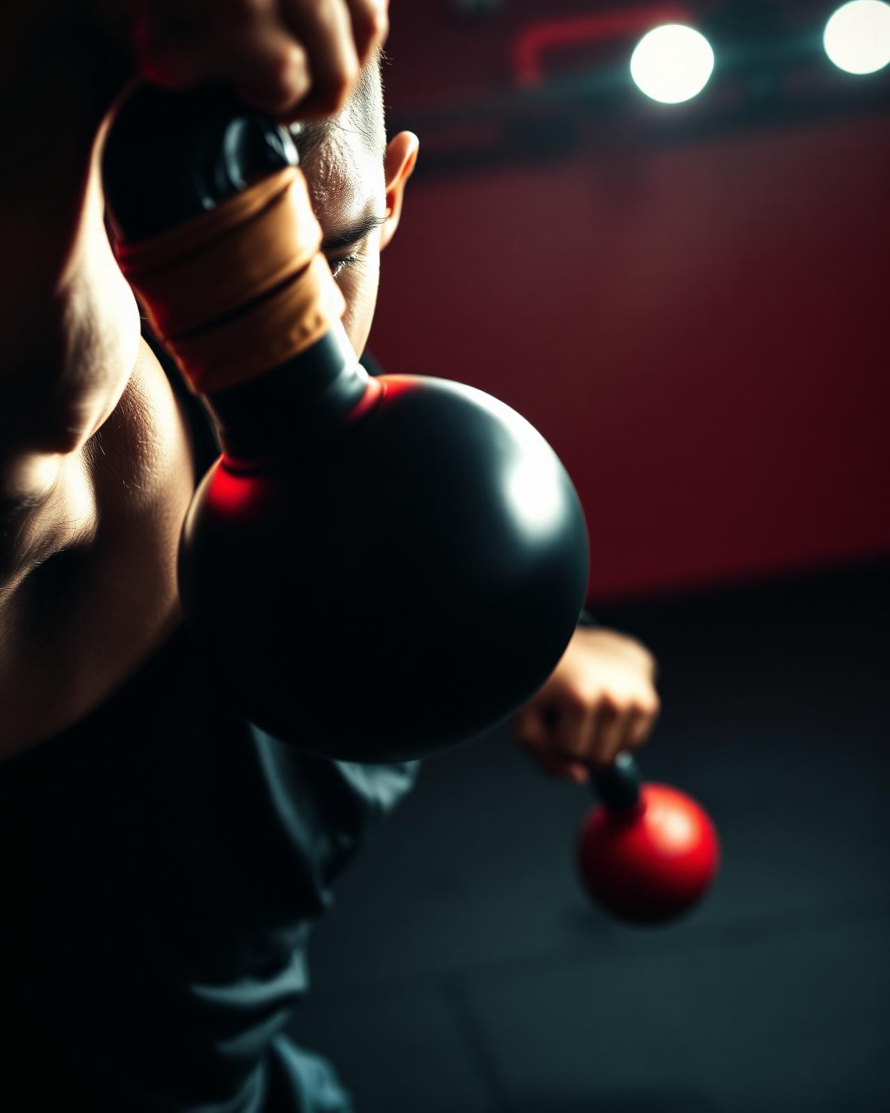 Wrapped hand gripping a kettlebell mid-swing