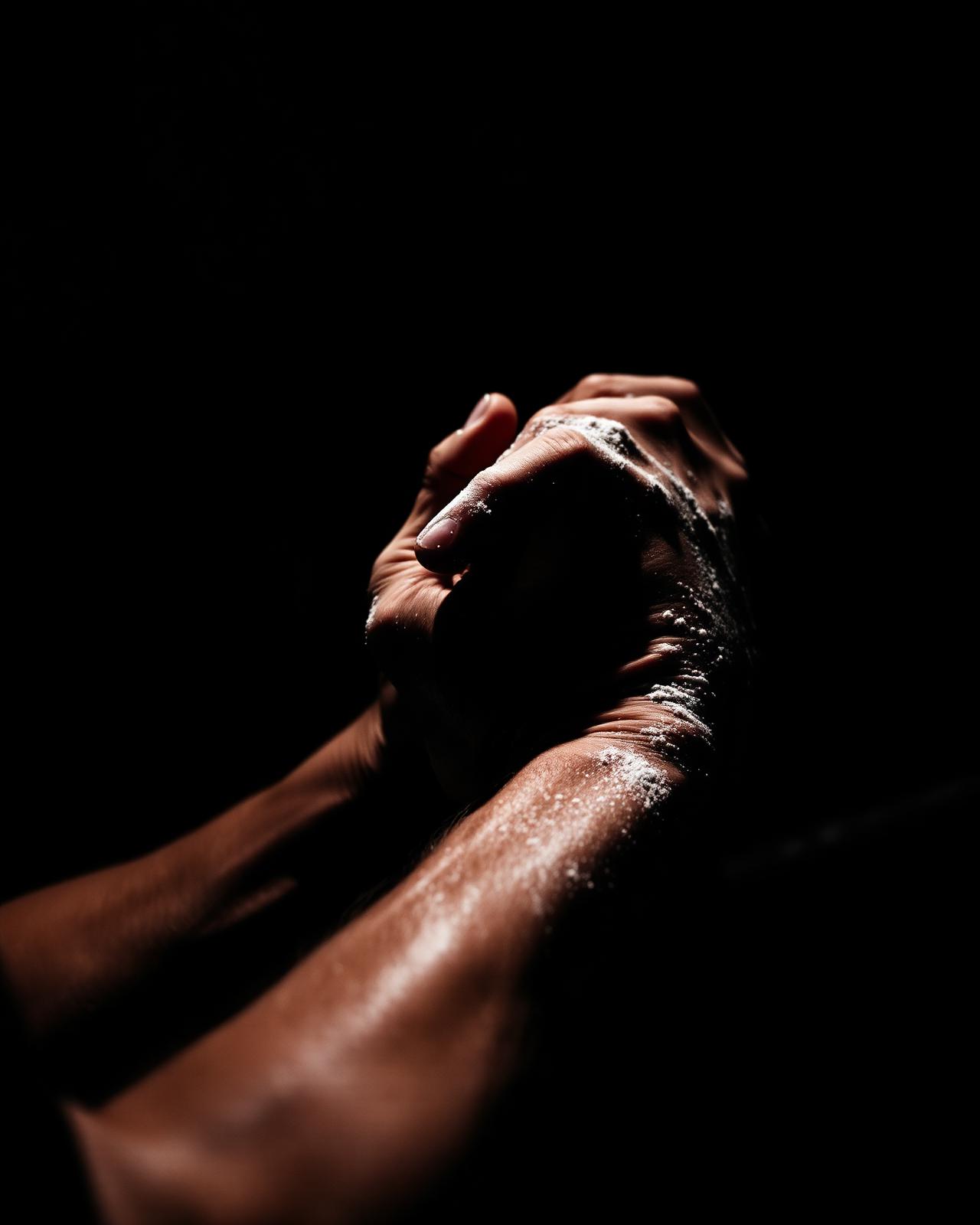 Chalked hands gripping a barbell knurling
