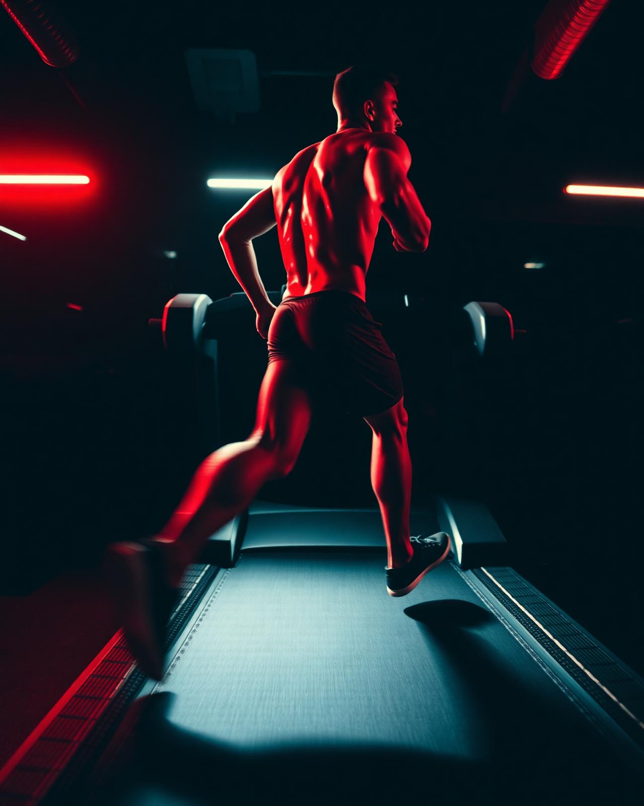 Athlete sprinting on a treadmill under red light