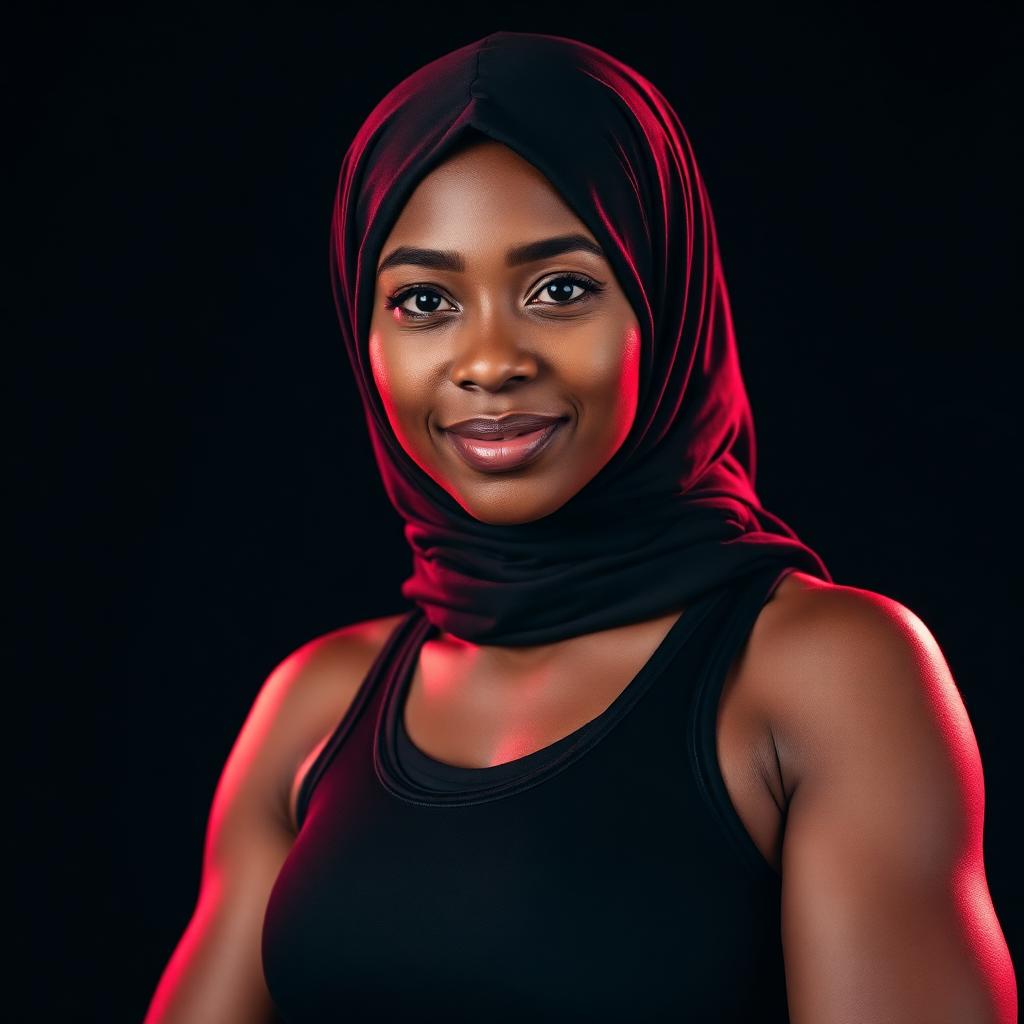 Portrait of Coach Hodan wearing hijab with red rim light