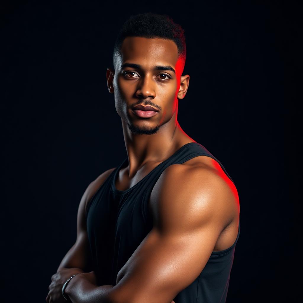 Portrait of Coach Mohamed in black tank top with red rim light
