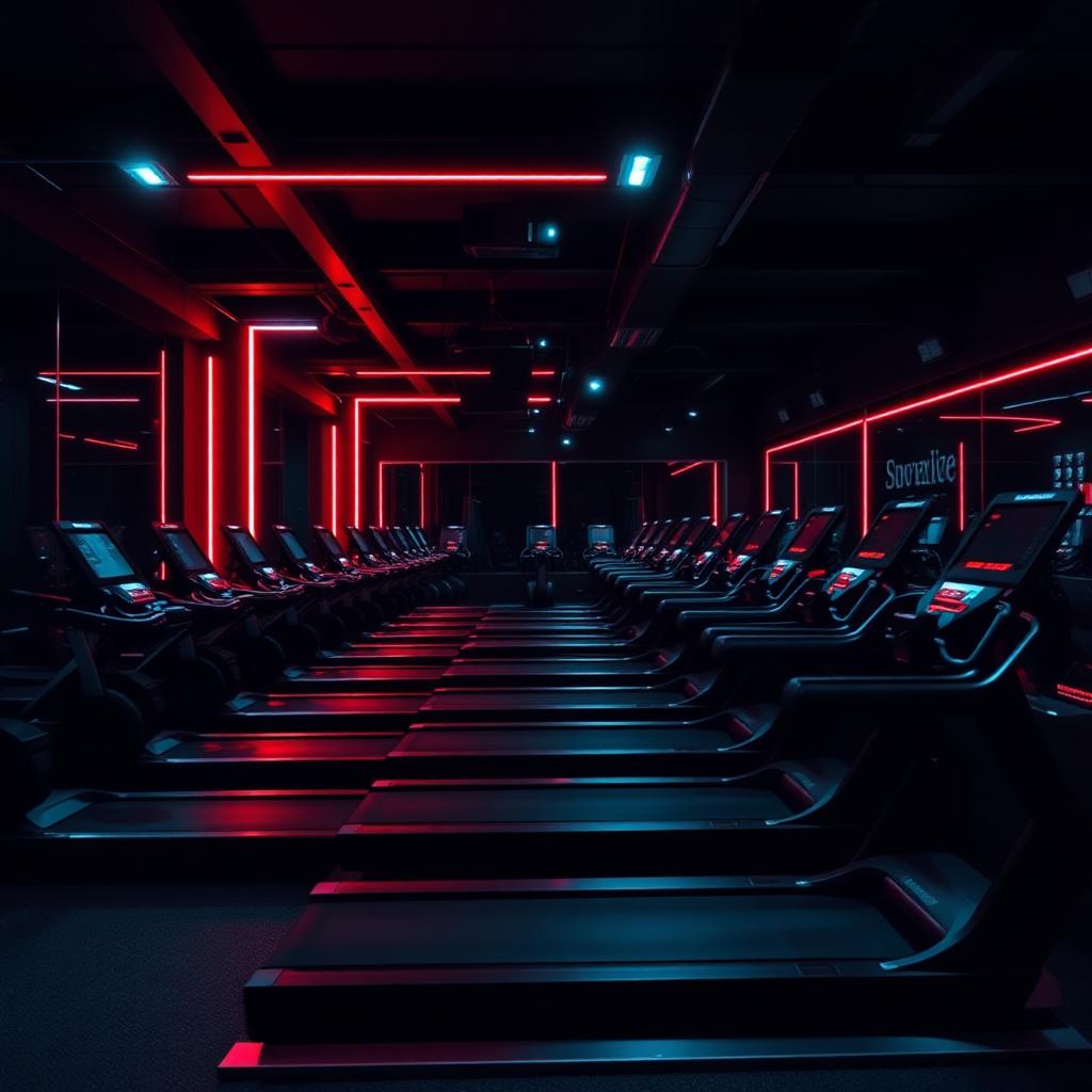 Row of treadmills and cardio machines with red LED accents