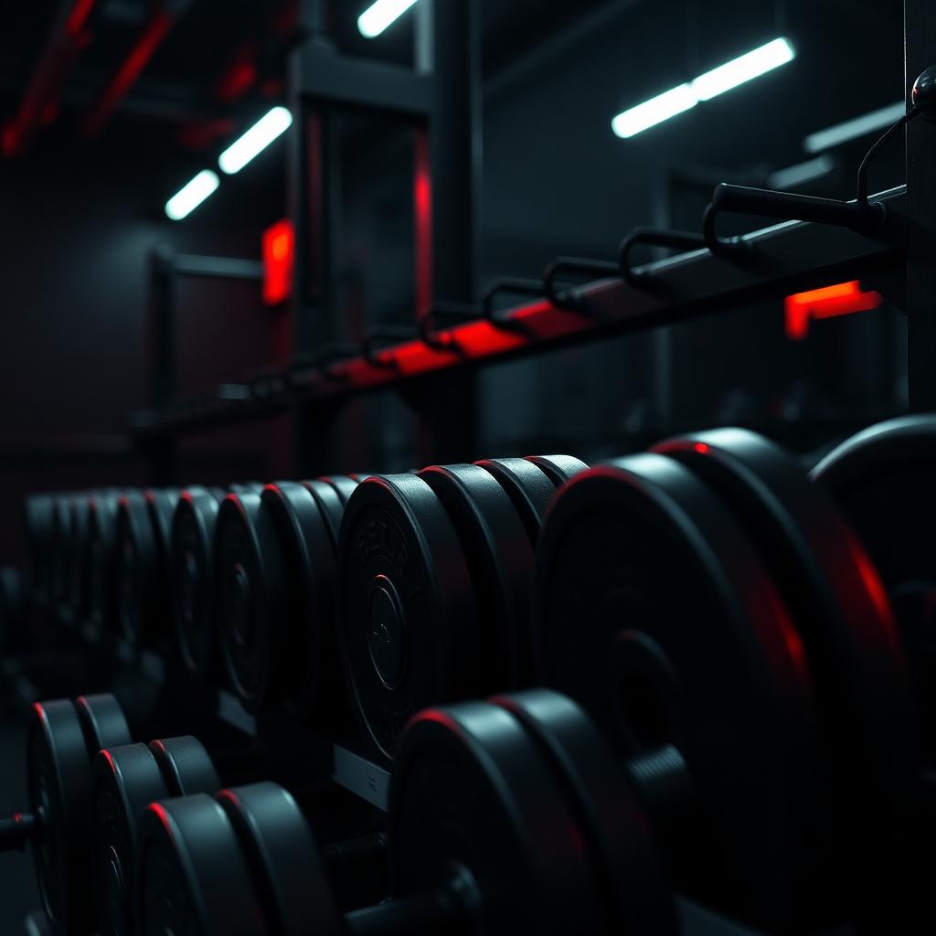 Rack of black dumbbells with red accents in a dark gym