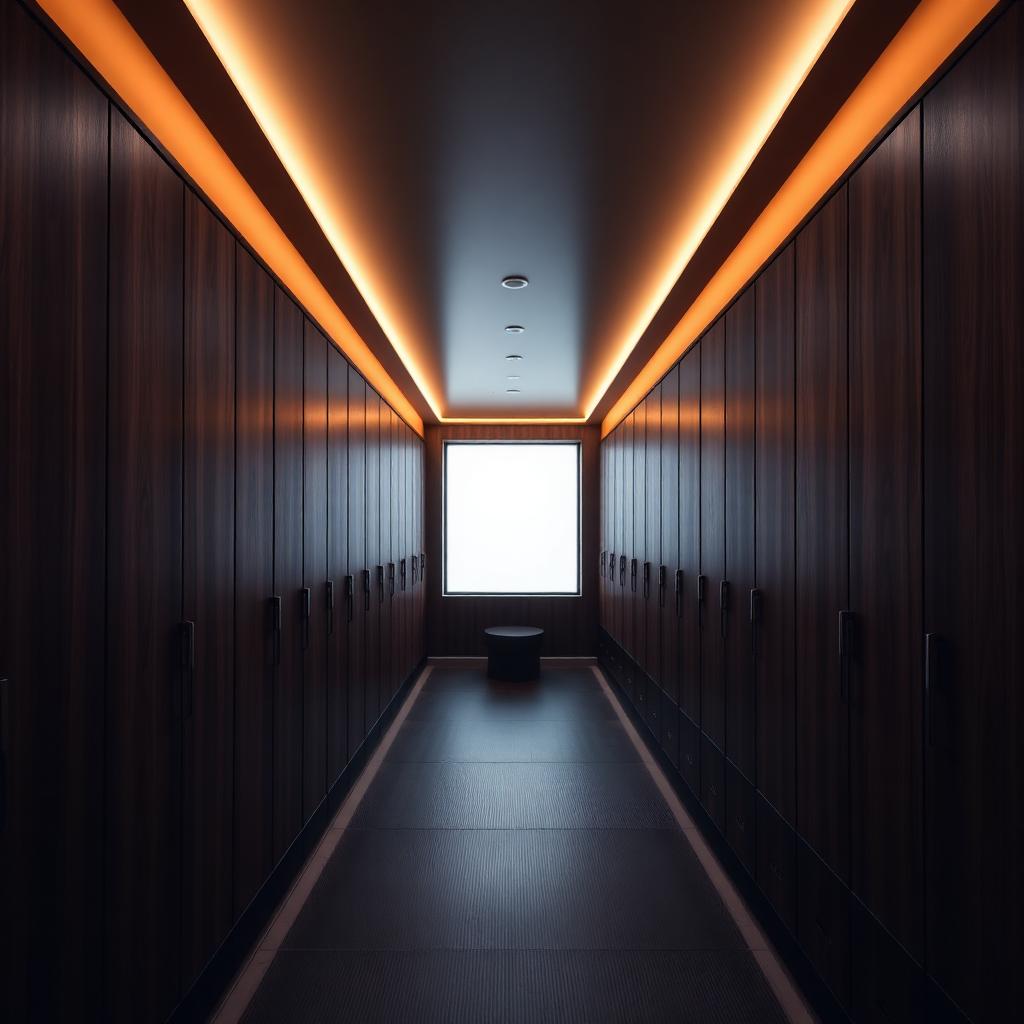 Modern locker room with dark wood lockers and warm lighting