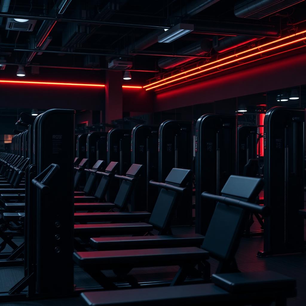 Row of modern strength training machines under red lighting