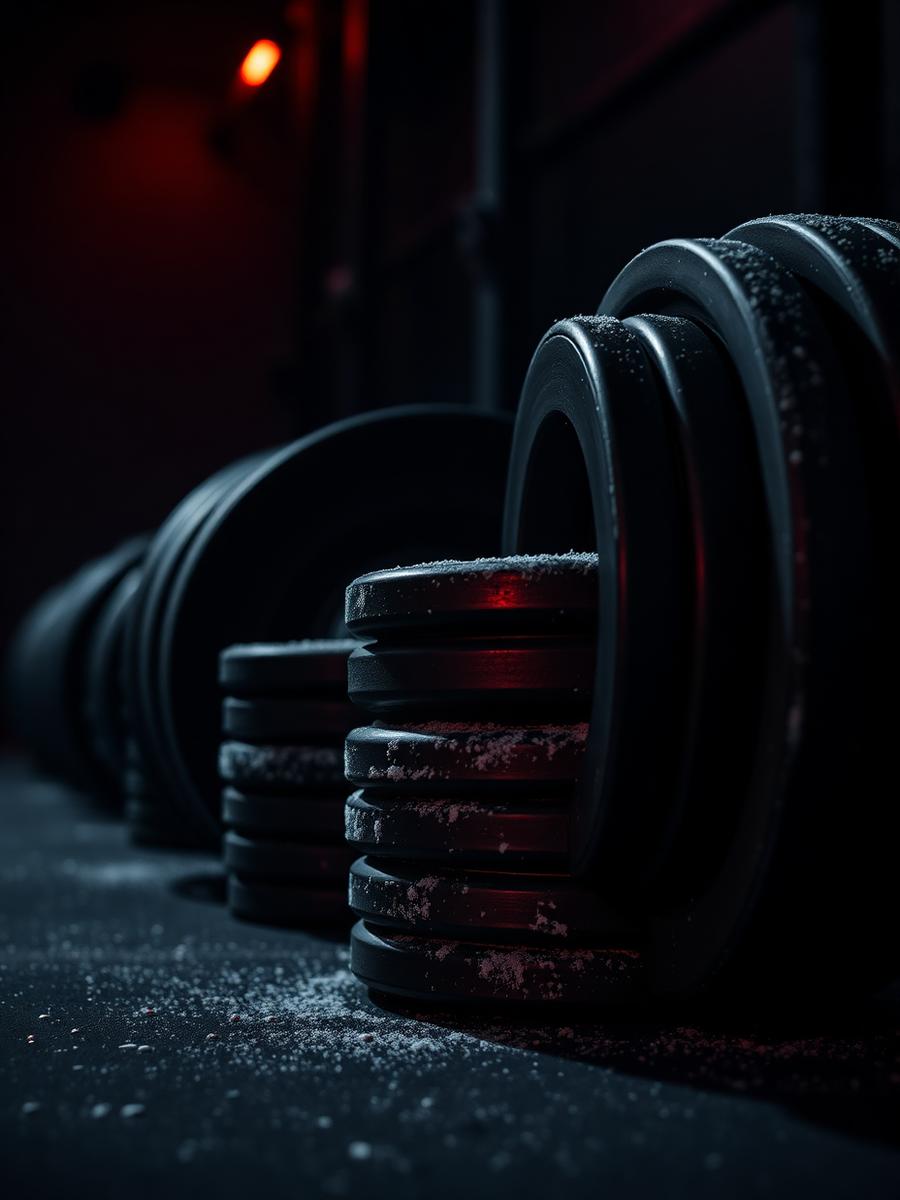 Stacked barbell plates with chalk dust